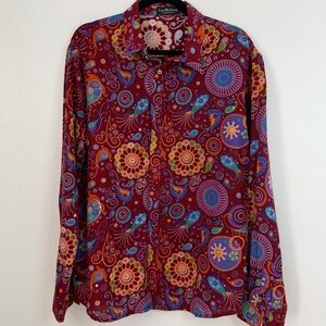 Luc Matton Shirt Mens Size XL Paisley Mandala Print Cotton Linen Burgundy